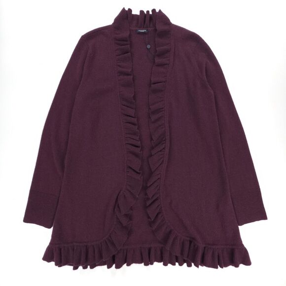 NEW Magaschoni 100% Cashmere Ruffled Cardigan Burgundy Old Money Quiet Luxury - Picture 1 of 6